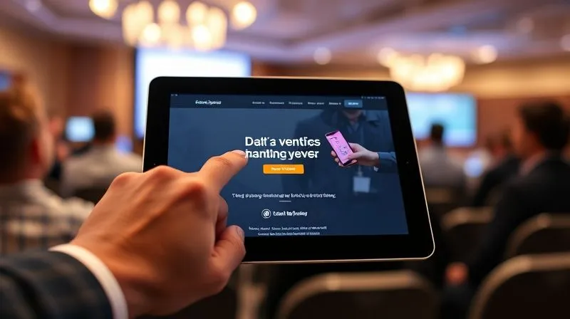 Photorealistic, professional photography of a modern, clean event landing page design displayed on a sleek tablet, with a finger poised to tap a brightly colored, prominent call-to-action button. The background is a soft, out-of-focus digital conference setting. Cinematic lighting emphasizes the button, sharp focus on the screen, depth of field blurring the background. 8K hyper-detailed, shot on a high-end DSLR, conveying ease of use and conversion.