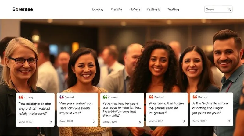 Photorealistic, professional photography of a section of a landing page showcasing glowing testimonials with smiling diverse faces and company logos, arranged elegantly. Cinematic lighting highlights the genuine expressions and trusted brands, sharp focus on the testimonials, depth of field blurring a subtle background of a networking event. 8K hyper-detailed, shot on a high-end DSLR, conveying trust and community.