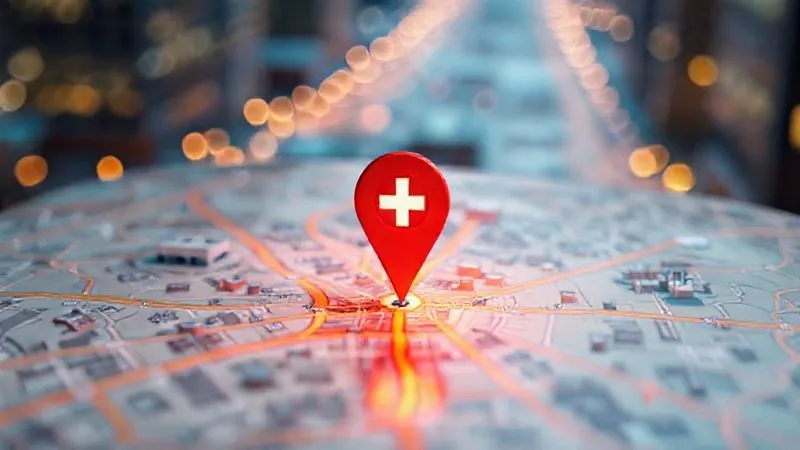 A photorealistic 3D rendering of a vibrant map with a glowing pin indicating a medical clinic's location, surrounded by a subtle aura of urgency and relief. The map shows city streets and a few blurred buildings. Cinematic lighting, sharp focus on the clinic pin, depth of field blurring the background. 8K hyper-detailed, professional photography, shot on a high-end DSLR.