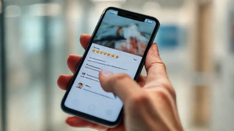 A photorealistic, close-up shot of a hand holding a smartphone, with the screen displaying Google reviews of a medical clinic. The stars are predominantly positive, and a finger is poised to tap 'Write a review'. The background is subtly blurred, suggesting a modern clinic environment. Cinematic lighting, sharp focus on the smartphone screen, 8K hyper-detailed, professional photography, shot on a high-end DSLR.