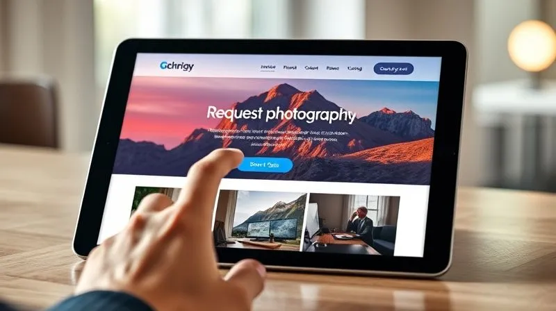 Photorealistic image of a sleek, modern photography website displayed on a tablet, with a finger gently tapping a prominent 'Request a Quote' button. The screen is sharp and vibrant, showcasing beautiful images, with a clean, intuitive navigation bar. Cinematic lighting, depth of field, 8K hyper-detailed, professional photography, shot on a high-end DSLR.