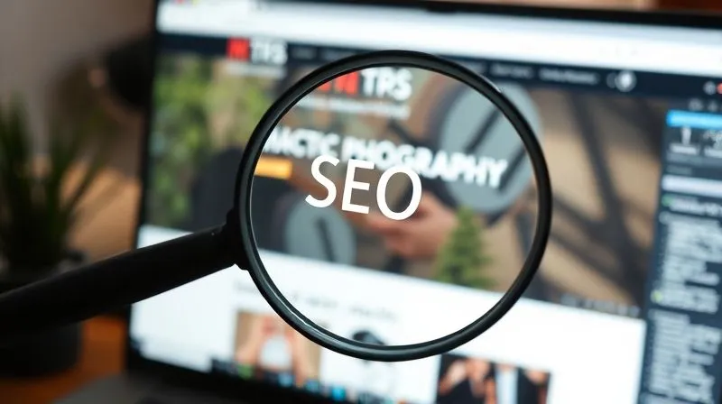 Photorealistic image of a magnifying glass hovering over a computer screen displaying a photography website. Various SEO elements are subtly highlighted, such as title tags, meta descriptions, and image alt text. The scene is professional and analytical, with data visualization elements in the background. Cinematic lighting, sharp focus, depth of field, 8K hyper-detailed, professional photography, shot on a high-end DSLR.
