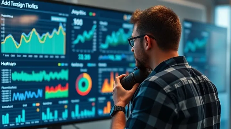 Photorealistic image of a professional photographer looking at a digital dashboard on a large monitor, displaying various analytics graphs and heatmaps. The screen shows spikes in website traffic and conversion rates, indicating successful optimization. Cinematic lighting, sharp focus on the data, depth of field, 8K hyper-detailed, professional photography, shot on a high-end DSLR.
