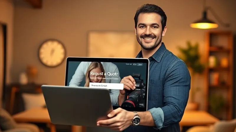 A photorealistic, professional photography image of a successful photographer standing confidently in front of a laptop displaying a high-converting photography website with a clear 'Request a Quote' confirmation. The photographer has a subtle, triumphant smile, bathed in warm, cinematic lighting. The background is slightly blurred, suggesting a modern, well-organized studio. 8K hyper-detailed, sharp focus, depth of field, shot on a high-end DSLR.