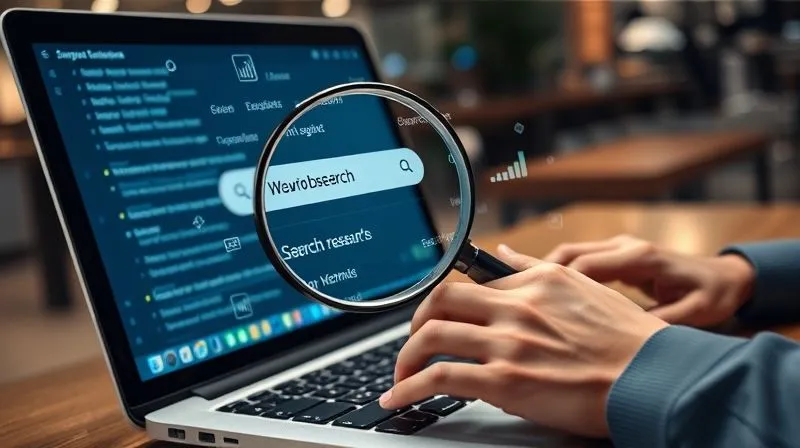 A photorealistic, professional photography, 8K, cinematic lighting, sharp focus, depth of field, shot on a high-end DSLR of a person's hands typing on a laptop keyboard, with a magnifying glass hovering over the screen displaying various search terms and keyword suggestions, surrounded by small floating data points and graphs, symbolizing in-depth keyword research. The background is a slightly blurred modern office environment, suggesting strategic planning.