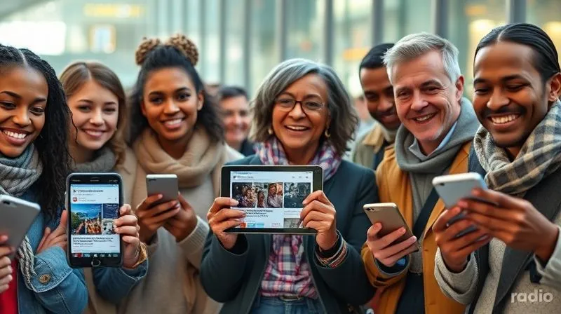 A photorealistic, professional photography, 8K, cinematic lighting, sharp focus, depth of field, shot on a high-end DSLR of a diverse group of people, young and old, smiling and looking engaged, each holding a smartphone or tablet displaying a news article from a radio website with embedded audio and video content. The scene is bright and dynamic, suggesting active content consumption and community interaction. The background is a modern, vibrant public space.