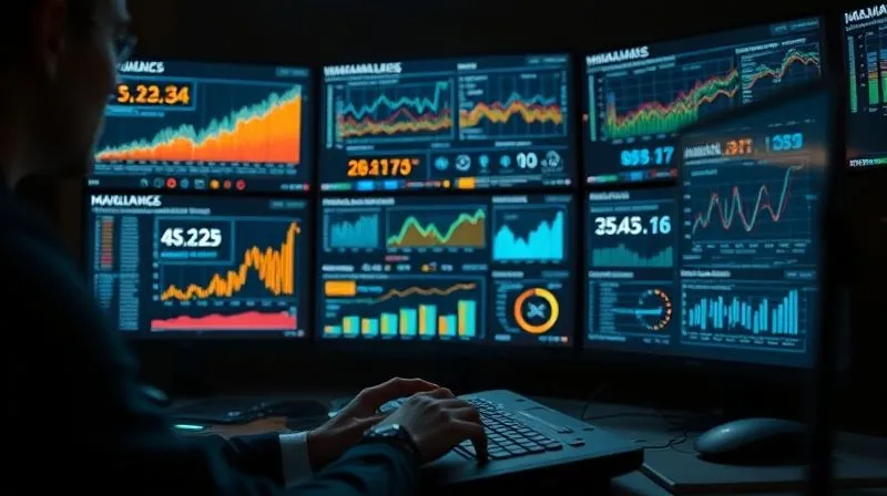 A photorealistic, professional photography, 8K, cinematic lighting, sharp focus, depth of field, shot on a high-end DSLR of a data analytics dashboard displayed on multiple large monitors in a dimly lit control room. The screens show various graphs, charts, and metrics related to website traffic and user engagement, with a person in the foreground subtly interacting with a keyboard, symbolizing meticulous data analysis and strategic decision-making. The overall mood is focused and analytical.