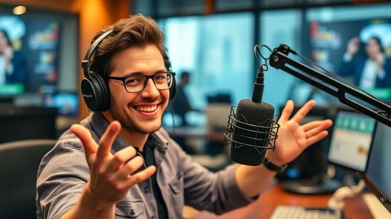 A photorealistic, professional photography, 8K, cinematic lighting, sharp focus, depth of field, shot on a high-end DSLR of a charismatic radio host smiling and gesturing towards a studio microphone, with subtle digital elements like speech bubbles and social media icons floating around, symbolizing interaction with a global audience. The background shows a modern, bustling radio studio, with a sense of energy and connection. The overall mood is warm, inviting, and community-focused.
