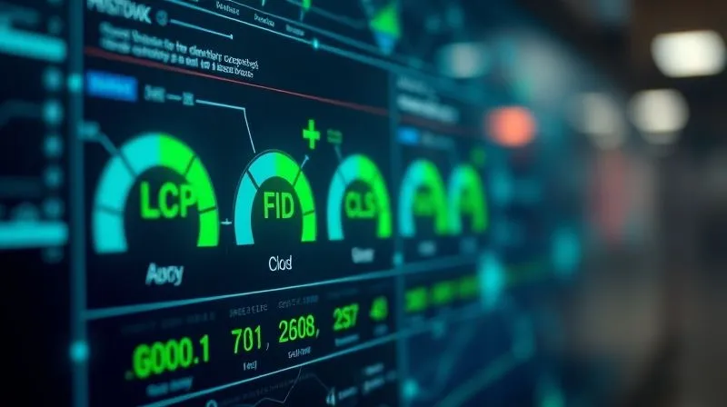 A photorealistic, professional photography, 8K, cinematic lighting, sharp focus, depth of field, shot on a high-end DSLR, showing a digital dashboard with glowing green metrics for 'LCP', 'FID', 'CLS' all in the 'good' range, with a blurred background of abstract network connections and data flowing rapidly, representing optimized web performance and speed.