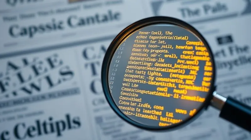 A photorealistic, professional photography, 8K, cinematic lighting, sharp focus, depth of field, shot on a high-end DSLR, showing lines of code (JSON-LD schema markup) glowing on a transparent digital overlay, with a blurred background of newspaper headlines and a magnifying glass, symbolizing the hidden language that Google uses to understand and rank news articles.