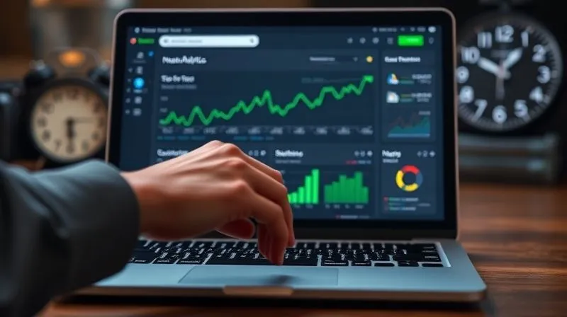 A photorealistic, professional photography, 8K, cinematic lighting, sharp focus, depth of field, shot on a high-end DSLR, showing a journalist's hand hovering over a laptop keyboard, displaying Google Search Console analytics with real-time graphs and green upward trends, reflecting successful news optimization, with a blurred background of a ticking clock.