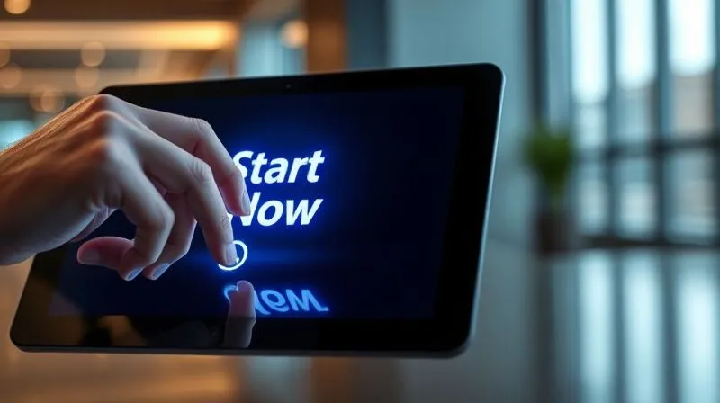 A photorealistic close-up of a human hand about to click a vibrant, glowing 'Start Now' button on a tablet screen, surrounded by a subtle aura of success and digital energy. The background is a blurred, modern office environment. Professional photography, 8K, cinematic lighting, sharp focus on the button, depth of field, shot on a high-end DSLR.