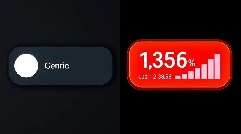 A photorealistic image of a split screen showing two different Call-to-Action buttons. On the left, a dull, generic button with low engagement metrics displayed. On the right, a vibrant, well-designed button with high-performing metrics and a positive conversion graph. Professional photography, 8K, cinematic lighting, sharp focus, depth of field, shot on a high-end DSLR.