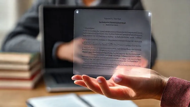 A photorealistic image of a student's hand interacting with a holographic interface displaying a concise summary of a legal document, with key terms highlighted by AI. The background shows blurred books and a laptop. Cinematic lighting, professional photography, 8K, sharp focus on the hand and hologram, depth of field.