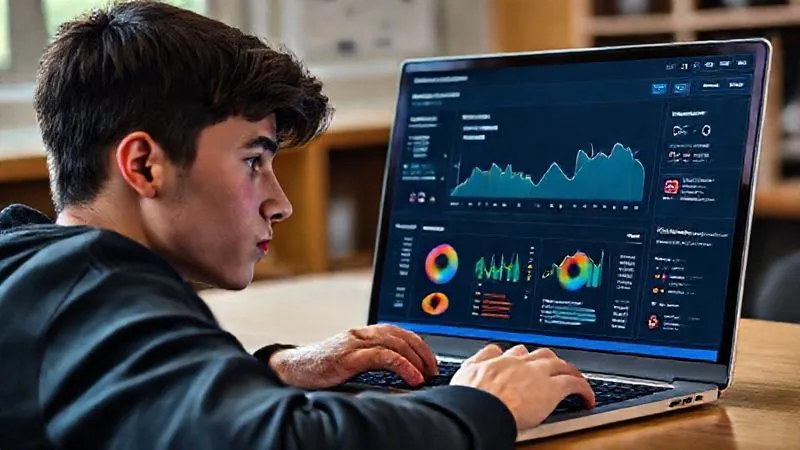 A photorealistic image of a student looking at a laptop screen displaying an AI-powered analytics dashboard for a practice test, showing detailed performance metrics, heatmaps of weak areas, and personalized recommendations. The student has a thoughtful expression. Professional photography, 8K, cinematic lighting, sharp focus on the screen and student.