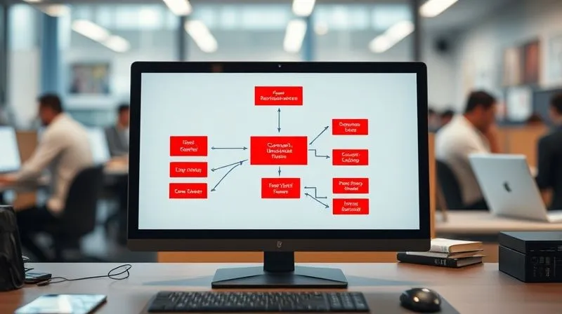A photorealistic flowchart diagram on a digital screen, with highlighted red zones indicating bottlenecks in a content creation process. The screen is on a desk with a blurred background of a busy newsroom. Cinematic lighting, sharp focus, depth of field, 8K hyper-detailed, professional photography, shot on a high-end DSLR.