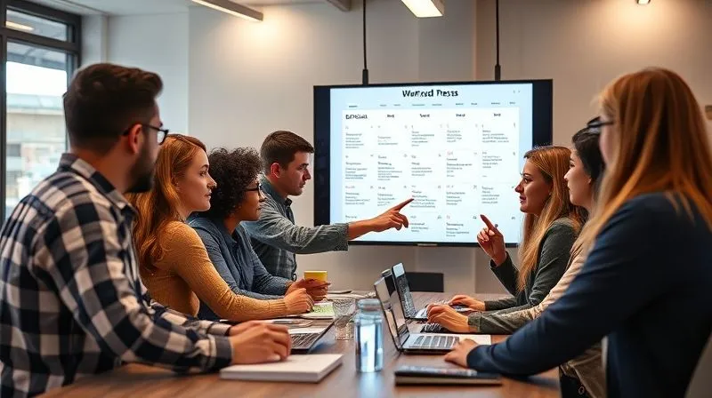 A photorealistic image of a diverse group of journalists and editors collaborating in a modern, brightly lit newsroom, looking at a large screen displaying a WordPress editorial calendar. One person is pointing to a specific task, while others are engaged in discussion. Cinematic lighting, sharp focus on the team, depth of field, 8K hyper-detailed, professional photography, shot on a high-end DSLR.
