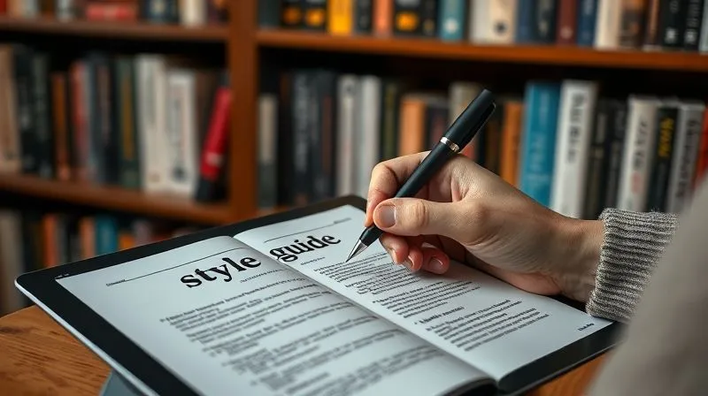 A photorealistic image of a detailed style guide open on a tablet, with a hand holding a pen making notes. In the background, a bookshelf filled with books on journalism and digital media is subtly blurred. Cinematic lighting, sharp focus on the tablet and hand, depth of field, 8K hyper-detailed, professional photography, shot on a high-end DSLR.