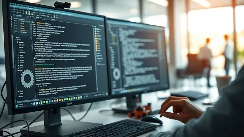 A photorealistic image of a translator working on a dual-monitor setup, one screen showing a CAT tool interface with segmented text, the other showing project management software. Gears and digital circuits are subtly integrated around the screens, symbolizing efficiency and automation. Cinematic lighting, sharp focus on the screens and hands, depth of field blurring a modern office background. 8K hyper-detailed, shot on a high-end DSLR, conveying productivity and technological prowess.