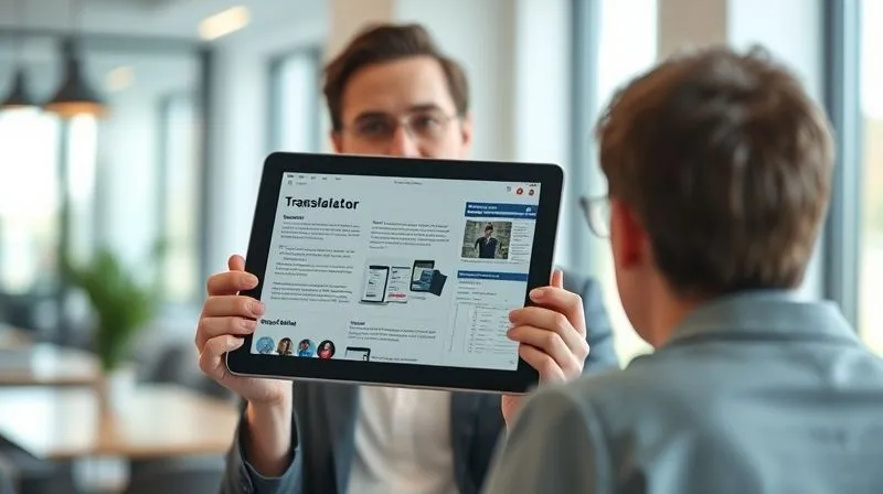 A photorealistic image of a professional translator, confidently presenting a sleek digital portfolio on a tablet to a potential client in a modern, well-lit office setting. The tablet screen shows examples of translated websites and technical documents. Cinematic lighting, sharp focus on the translator and tablet, depth of field blurring the background. 8K hyper-detailed, shot on a high-end DSLR, conveying professionalism, expertise, and successful client engagement.
