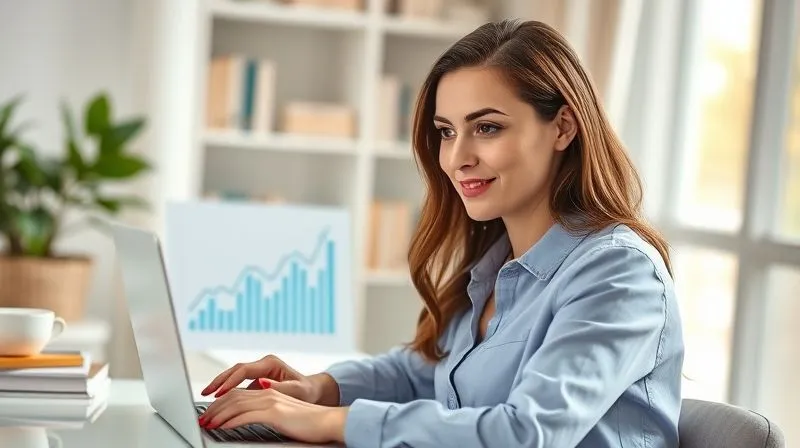 A photorealistic image of a woman (Ana, the translator) looking confidently at a laptop screen, which displays a financial growth chart showing a significant upward trend. She is in a modern, brightly lit home office, with a subtle background blur of books and a plant. Her expression is one of accomplishment and strategic thinking. Cinematic lighting, sharp focus on her face and the laptop, depth of field. 8K hyper-detailed, shot on a high-end DSLR, conveying success and professional growth.
