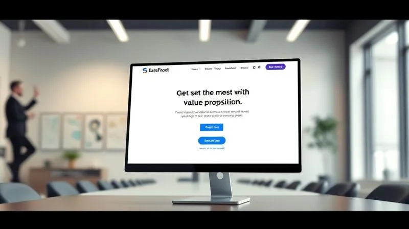 A photorealistic image of a perfectly designed B2B landing page on a desktop monitor, featuring a clean layout, prominent headline, concise value proposition, and a clear call-to-action button. The background is a modern, minimalist office setting with soft, cinematic lighting, sharp focus on the screen, depth of field blurring the office, 8K hyper-detailed, professional photography.