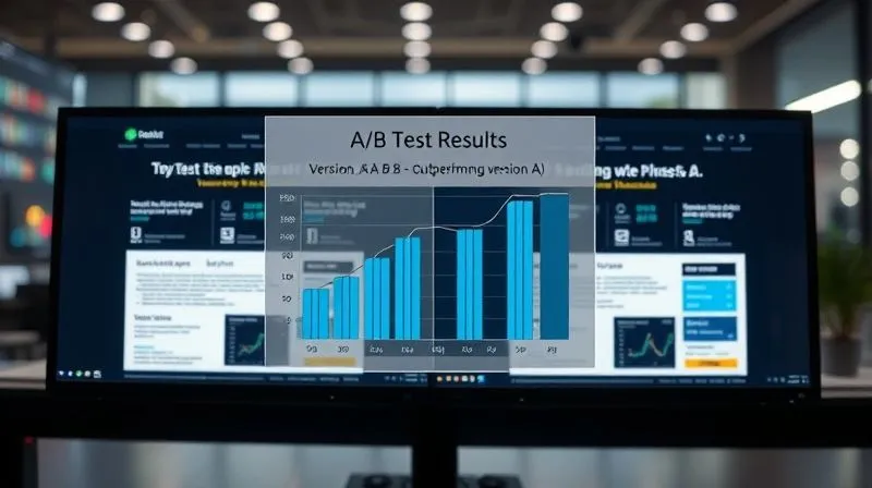 A photorealistic image of a split screen showing two different versions of a B2B landing page (A and B) side-by-side, with a prominent 'A/B Test Results' overlay graph showing version B outperforming version A in conversion rates. The setting is a modern data analysis dashboard, cinematic lighting, sharp focus on the screens, depth of field blurring the background, 8K hyper-detailed, professional photography.