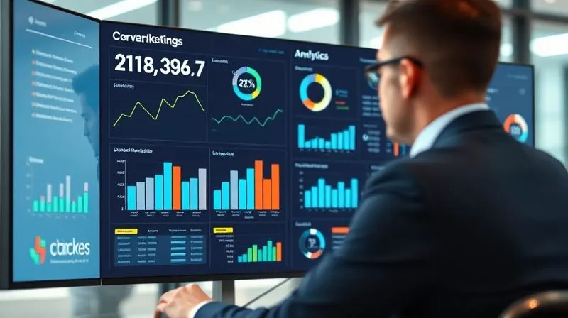A photorealistic image of a modern data analytics dashboard displaying various B2B marketing metrics: conversion rates, bounce rate, CPL, and lead source breakdown. The dashboard is clean and visually engaging, with charts and graphs. A business professional is analyzing the data on a large screen, cinematic lighting, sharp focus on the dashboard, depth of field blurring the professional, 8K hyper-detailed, professional photography.
