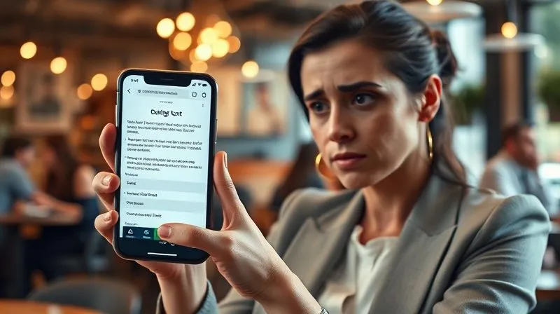 A photorealistic image of a businesswoman looking frustrated at a smartphone displaying a poorly optimized B2B landing page with too much text and tiny form fields. The background is a busy, modern cafe, cinematic lighting highlighting her frustration, sharp focus on the phone, depth of field blurring the cafe, 8K hyper-detailed, professional photography.