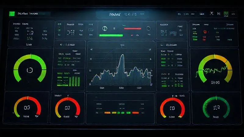 A photorealistic dashboard displaying various web performance metrics like FCP, LCP, CLS, TTI, and TBT, with green and red indicators for health status, cinematic lighting, sharp focus on the central graph, 8K hyper-detailed, shot on a high-end DSLR.