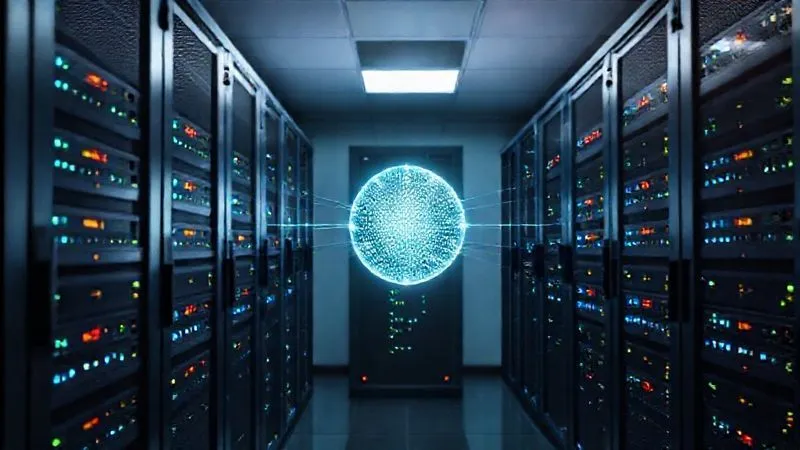 A photorealistic server room with multiple racks of blinking servers, a central glowing orb representing a load balancer distributing data streams across them, cinematic lighting, sharp focus on the central orb, 8K hyper-detailed, shot on a high-end DSLR.