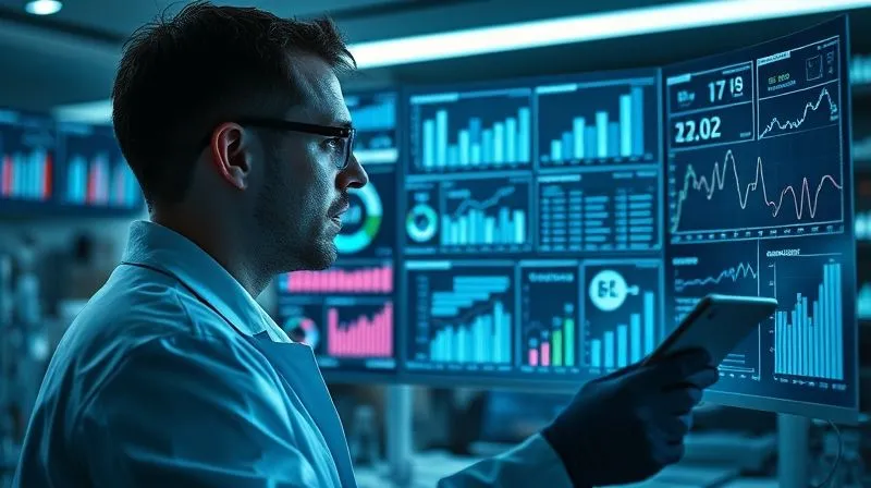 A photorealistic image of a scientist in a modern lab coat analyzing data on multiple holographic screens, with various charts and graphs showing A/B test results and conversion funnels. The atmosphere is focused and analytical, with cinematic lighting and sharp focus on the data, depth of field blurring the lab equipment. 8K hyper-detailed, professional photography.