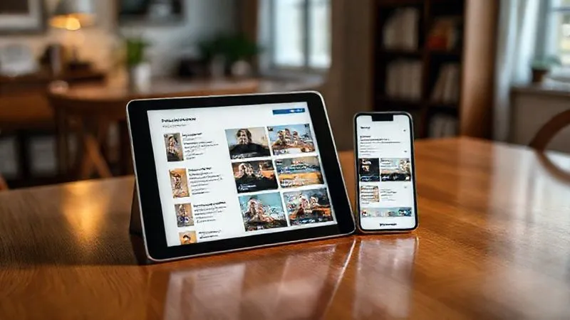 A photorealistic image of a sleek, modern website interface on a tablet and a smartphone, showing a clean, intuitive course catalog. The screens are glowing softly, reflecting in a polished wooden table. Cinematic lighting, sharp focus on the devices, depth of field blurring a background of a cozy, well-lit study room. 8K hyper-detailed, professional photography, shot on a high-end DSLR.