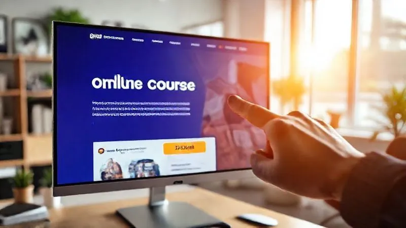 A photorealistic image of a vibrant, engaging landing page for an online course displayed on a large monitor, with compelling headlines, clear calls to action, and authentic testimonials. A hand is pointing to a 'Buy Now' button. Cinematic lighting, sharp focus on the screen content, depth of field blurring a background of a modern home office. 8K hyper-detailed, professional photography, shot on a high-end DSLR.