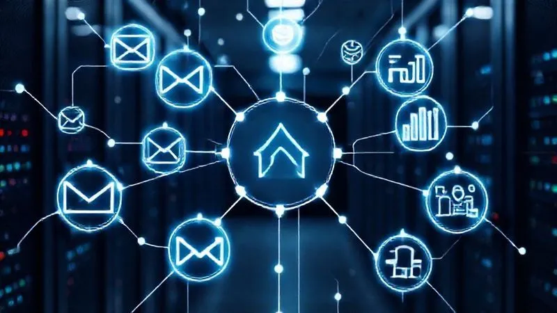 A photorealistic image of a complex digital ecosystem with interconnected icons representing email marketing, CRM, analytics, and a course platform, all flowing seamlessly. Data streams are visualized as glowing lines connecting the elements, symbolizing automation and integration. Cinematic lighting, sharp focus on the central platform icon, depth of field blurring the background of a server room. 8K hyper-detailed, professional photography, shot on a high-end DSLR.