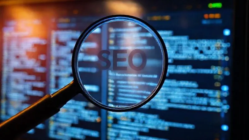 A photorealistic image of a digital magnifying glass hovering over a grid of keywords and content snippets on a screen, with search engine result pages in the background. The scene is illuminated by glowing lines representing data flow and SEO optimization. Cinematic lighting, sharp focus on the magnifying glass and keywords, depth of field blurring a background of a server rack. 8K hyper-detailed, professional photography, shot on a high-end DSLR.