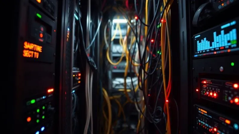 A photorealistic close-up of a complex server rack with blinking lights and tangled cables, symbolizing the intricate infrastructure of a streaming server. The foreground shows a digital dashboard displaying performance metrics with some red alerts, indicating a problem. Cinematic lighting, sharp focus on the server details, depth of field. Shot on a high-end DSLR, 8K hyper-detailed.