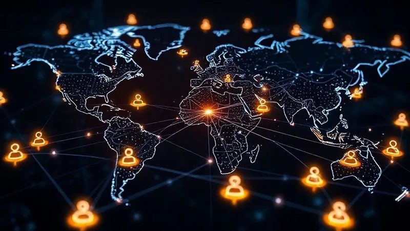 A photorealistic global network map, with glowing lines connecting various server locations around the world. A central point is emitting sound waves that are smoothly distributed across the network to multiple glowing user icons. Cinematic lighting, sharp focus on the network lines and glowing elements, depth of field. Shot on a high-end DSLR, 8K hyper-detailed.