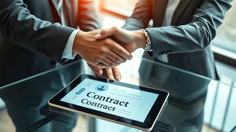 A photorealistic image of two business professionals shaking hands over a sleek tablet displaying a digital contract, symbolizing a strong programmatic direct deal. Professional setting, cinematic lighting, sharp focus. 8K hyper-detailed.