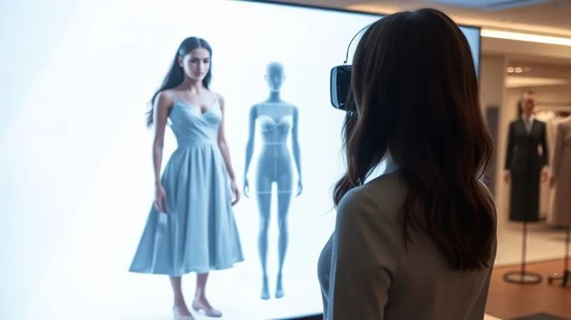 A photorealistic image of a woman standing in front of a large, sleek virtual screen, her body being digitally scanned by soft blue light beams. On the screen, a 3D avatar of her appears, trying on a dress, with data overlays showing precise body measurements and recommended size. Cinematic lighting, sharp focus on the interaction, 8K hyper-detailed, professional photography.