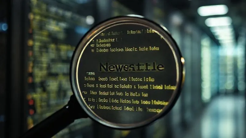 A photorealistic, highly detailed diagram of a web page's HTML code, with specific lines highlighting schema markup for a 'NewsArticle' and optimized image alt tags. A magnifying glass hovers over the code, emphasizing the technical details. The background is a blurred, glowing server room, representing data and infrastructure. Cinematic lighting, sharp focus on the code, depth of field, 8K hyper-detailed, shot on a high-end DSLR.