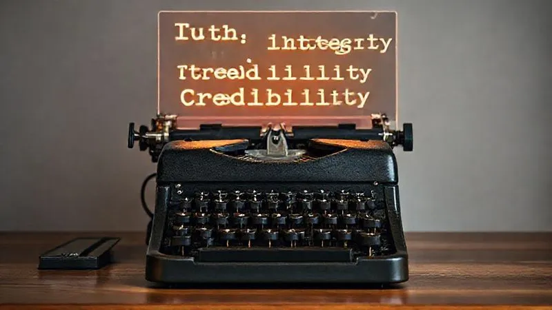 A photorealistic image of a vintage typewriter on a wooden desk, with a glowing, transparent screen above it displaying multiple lines of text that emphasize 'Truth', 'Integrity', and 'Credibility' in bold. A subtle, warm light emanates from the screen, illuminating the typewriter and hands poised to write, symbolizing ethical journalism. Cinematic lighting, sharp focus on the typewriter and screen, depth of field, 8K hyper-detailed, shot on a high-end DSLR.