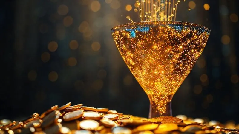 A photorealistic digital marketing funnel with glowing data streams flowing smoothly from 'Awareness' to 'Conversion', culminating in a pile of gold coins. Cinematic lighting, sharp focus on the funnel, depth of field blurring the background. Professional photography, 8K, shot on a high-end DSLR.