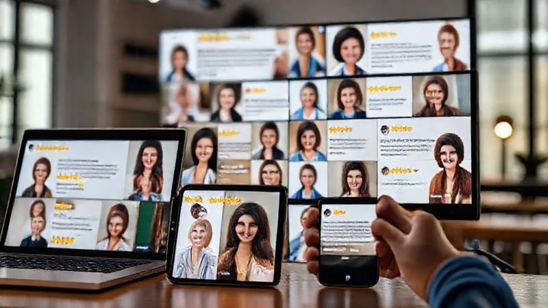 A photorealistic collage of diverse user testimonials displayed on various digital screens (laptop, smartphone, tablet), with positive star ratings and genuine smiles from profile pictures. Cinematic lighting, sharp focus on the screens, depth of field blurring a collaborative workspace. Professional photography, 8K, shot on a high-end DSLR.