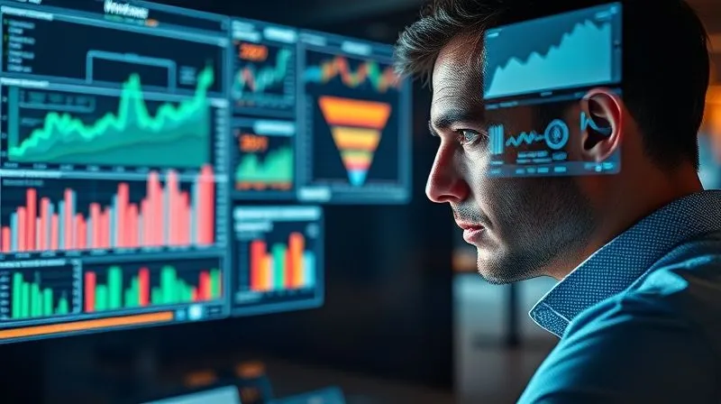photorealistic, professional photography, 8K, cinematic lighting, sharp focus, depth of field, shot on a high-end DSLR. A data analyst intently studying multiple holographic screens displaying complex charts, graphs, and a funnel diagram. The screens are vibrant with real-time data flow, reflecting a dynamic process of continuous optimization. The overall scene emphasizes precision, insight, and strategic decision-making.