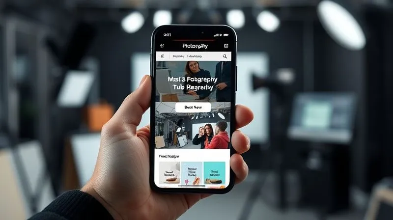 A photorealistic image of a person's hand holding a smartphone, with a beautifully designed, responsive photography studio website displayed on the screen. The website clearly shows a 'Book Now' button and a well-organized menu. In the background, a blurred professional photography studio. Cinematic lighting, sharp focus on the phone, depth of field, 8K hyper-detailed.