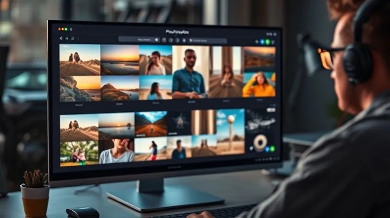 A photorealistic, professional photography image of a meticulously curated online photography portfolio displayed on a large, vibrant screen. The images are stunning, diverse yet cohesive, and arranged in a narrative sequence. The background shows a creative professional working on a computer, cinematic lighting, sharp focus on the screen, depth of field, 8K hyper-detailed.