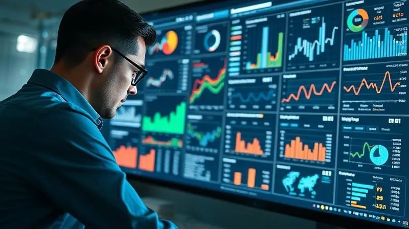A photorealistic, professional photography shot of a data analyst intently examining a complex dashboard on a large monitor, filled with charts and graphs showing website traffic, conversion rates, and user behavior. The room is modern and clean, with cinematic lighting highlighting the data, sharp focus on the screen, depth of field, 8K hyper-detailed, conveying strategic analysis and growth.