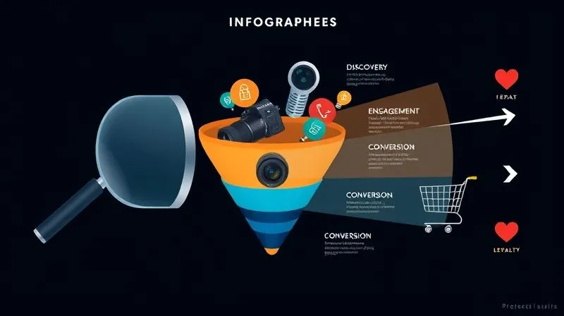 A photorealistic infographic illustrating a sales funnel for photographers, starting wide at 'Discovery' (magnifying glass, social media icons), narrowing through 'Engagement' (camera lens, lightbulb for idea), to 'Conversion' (shopping cart, handshake), and ending with 'Loyalty' (heart icon, repeat arrow). Clean, modern design, cinematic lighting, 8K hyper-detailed.