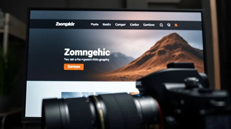 A photorealistic image of a sleek, modern photography website displayed on a large, high-resolution monitor. The website features a clean layout, stunning full-bleed images, and an intuitive navigation menu. A finger is hovering over a 'Services' tab. Cinematic lighting, sharp focus on the screen, depth of field blurring a professional camera in the foreground, 8K hyper-detailed.